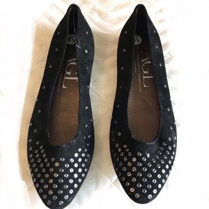 AGL Black Suede Flats Silver Grommets Studs